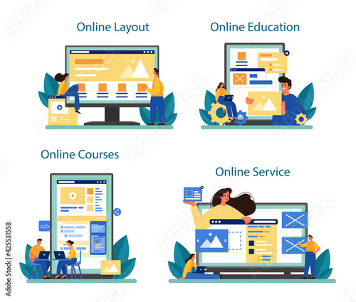 Website layout online service or platform set. Web development
