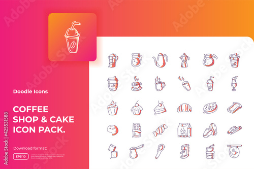 Coffee shop and cake concept doodle icon set. gradient color line style food Icons sign symbol vector illustration