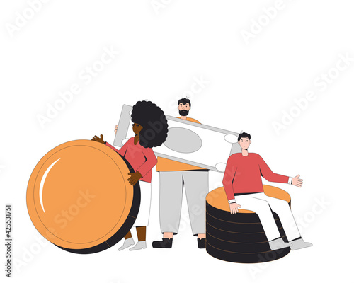 People money. Young male and female characters sitting and standing with huge coin and paper currency isolated on white background. Vector line art illustration.
