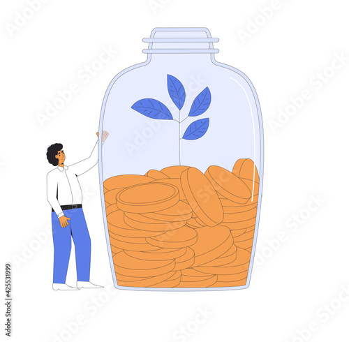 Bank deposit. Savings. Man with money. Male character standing with jar of coins and moneytree. Adult person with moneybox. Vector line art illustration.