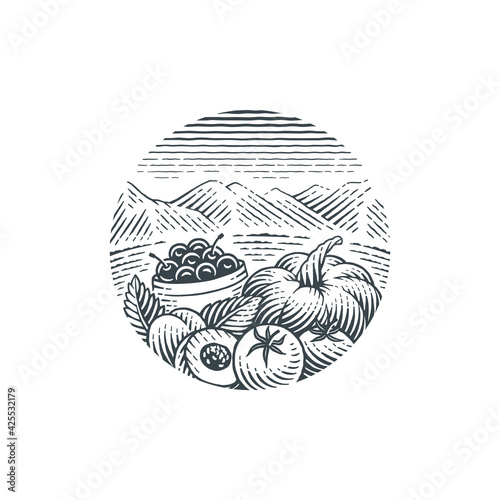 Vegetables and mountain scenery. Hand drawn engraving style vector illustration.