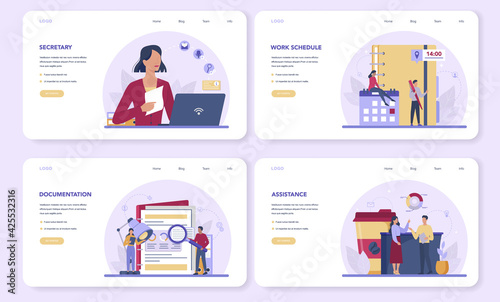 Secretary web banner or landing page set. Receptionist answering calls