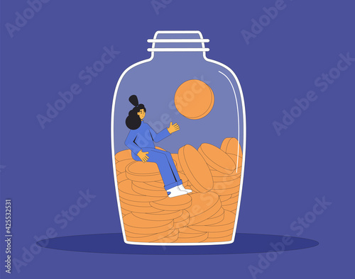 Savings. Woman with moneys itting in moneybox. Young female character in jar of coins. Vector  line art illustration.