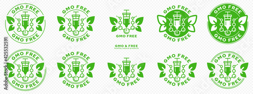 Concept for product packaging. Labeling - GMO-free. Syringe with drug and molecule - gene. Modifying injection of a molecule with wings-leaves - a symbol of pure natural products. Vector set.