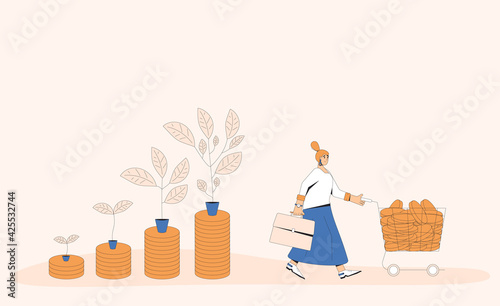 Investment return. Stock market growth. Profit. Business growth. Female retail investor with money tree. Vector line art illustration.