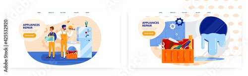 Appliances repair landing page design, website banner vector template set. Repairman fixing washing machine, microwave.