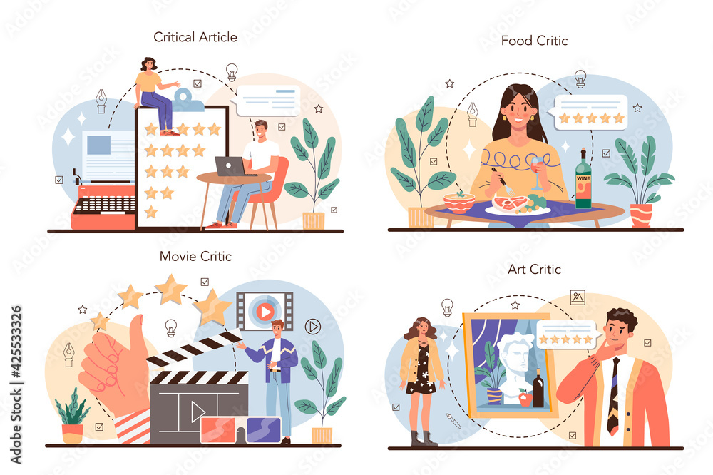 Professional critic concept set. Journalist making review and ranking food