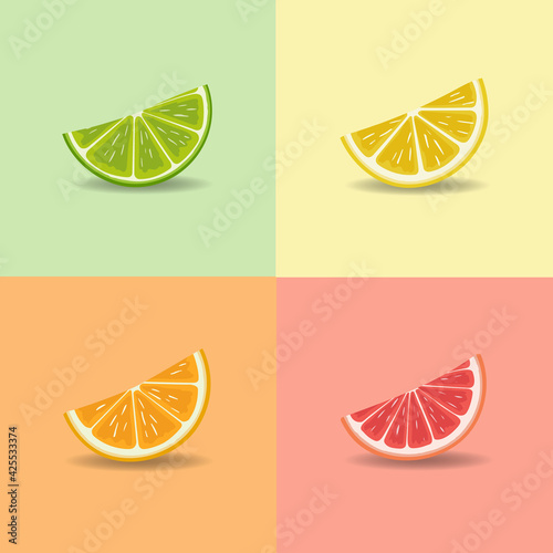 Isolated citrus slices fresh fruits cut in half  Lime, Lemon, Orange, Grapefruit. Vector design Illustration.