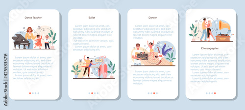 Dance teacher mobile application banner set. Choreographer in a dance studio