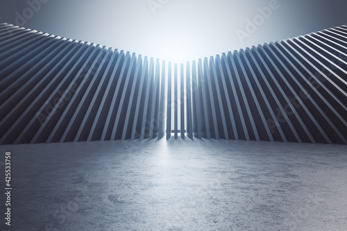 Stylish abstract design with domino effect wall and blank concrete wall. 3D rendering, mockup photo