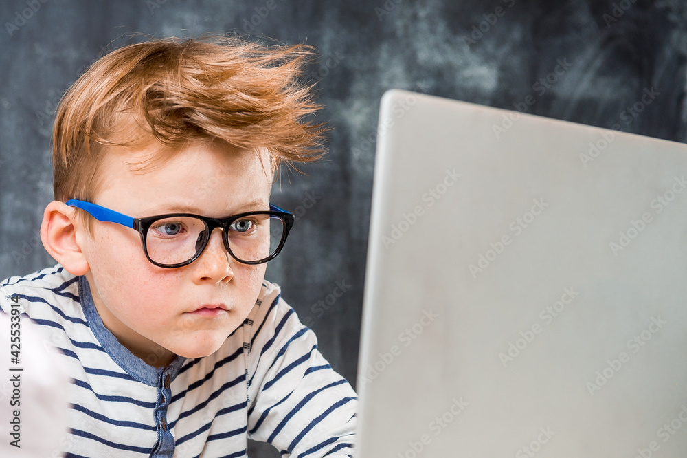 Portrait of smart little kid boy in eyeglasses with laptop computer on table. Online lesson, back to online school