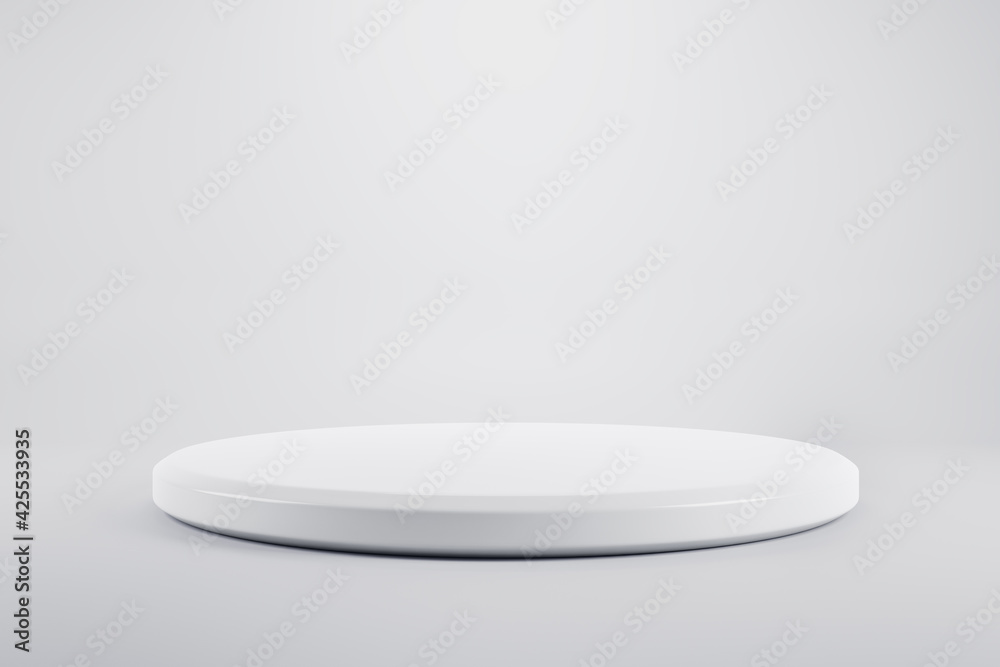 Blank round glossy white stand on light grey backdrop. 3D rendering, mock up Blank round glossy white stand on light grey backdrop. 3D rendering, mock up