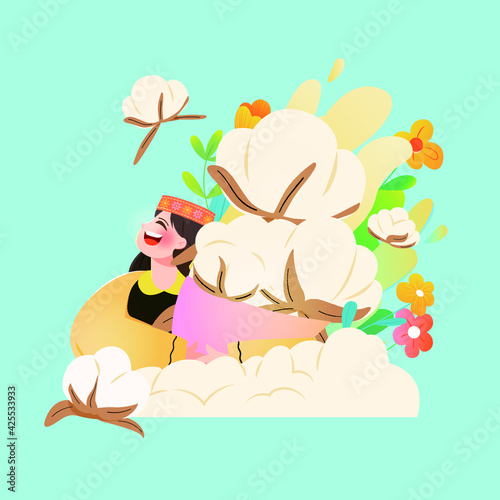 Vector illustration of girl holding cotton and flower laughing