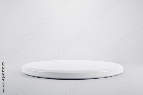 Blank round glossy white stand on light grey backdrop. 3D rendering, mock up