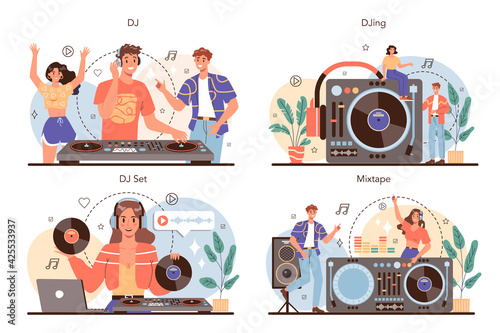 DJ concept set. Person standing at turntable mixer make music in club