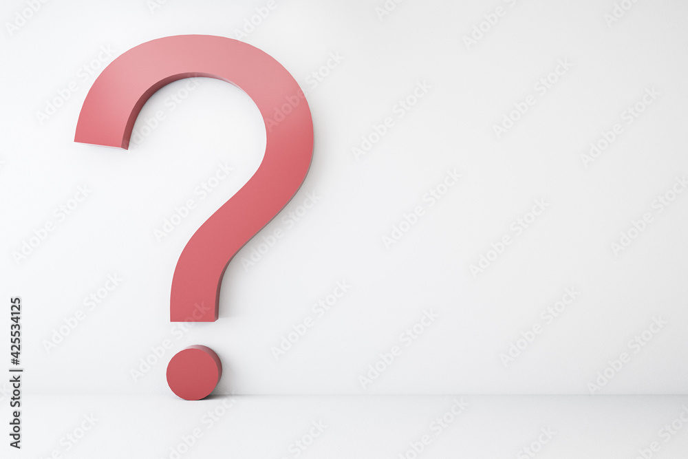Red question sign on white wall background. 3D rendering, mockup Red question sign on white wall background. 3D rendering, mockup