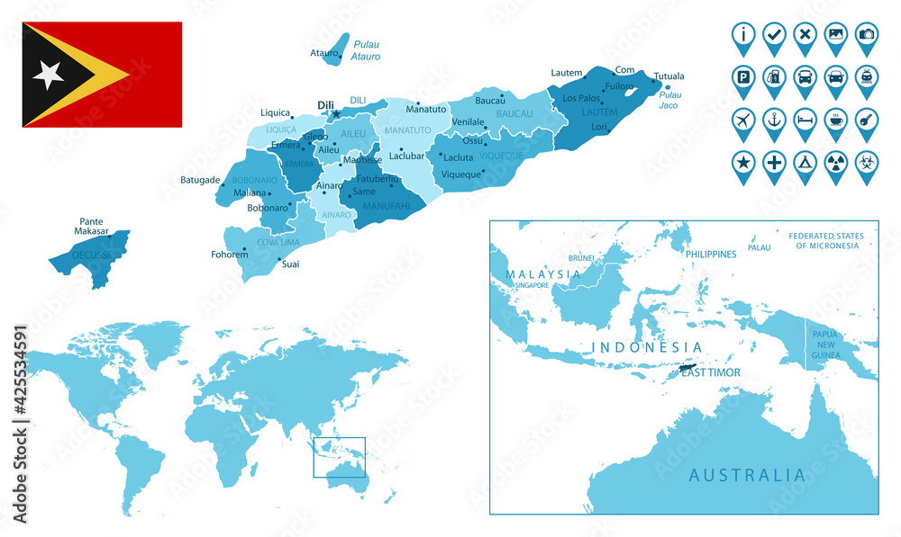 East Timor detailed administrative blue map with country flag and ...