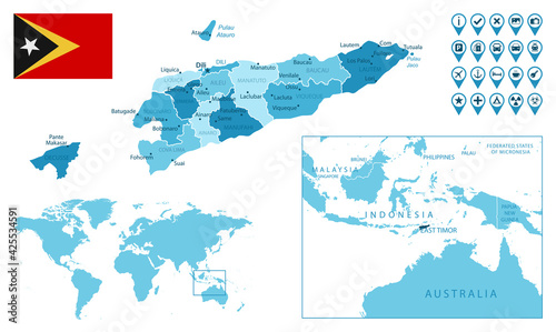 East Timor detailed administrative blue map with country flag and location on the world map. Vector illustration