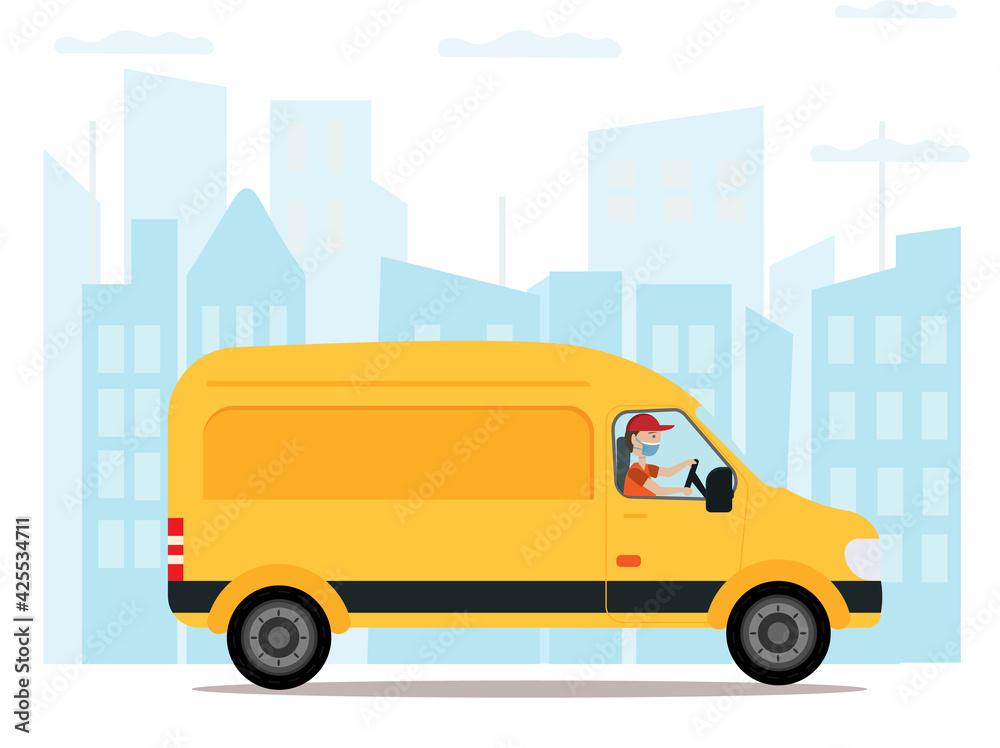 A yellow care with driver in the mask, delivery service concept, flat vector illustration