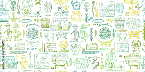 Organic Farm Seamless Pattern Background For your Design. Harvest Festival. Agriculture collection. Organic farming eco concept. Fresh products, locally grown and organic food. Farmer's Market