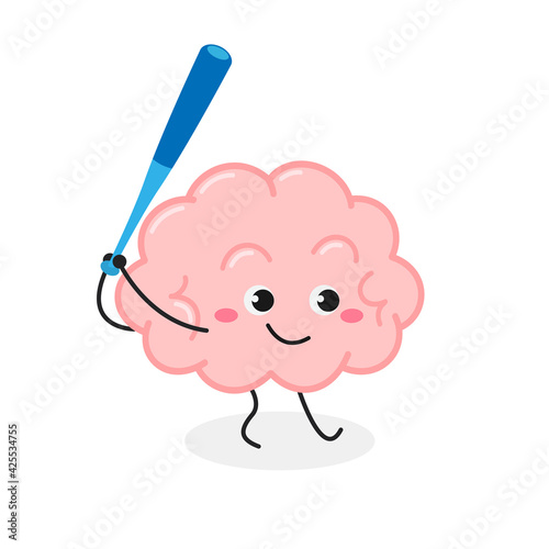 Cute cartoon human brain baseball player batter