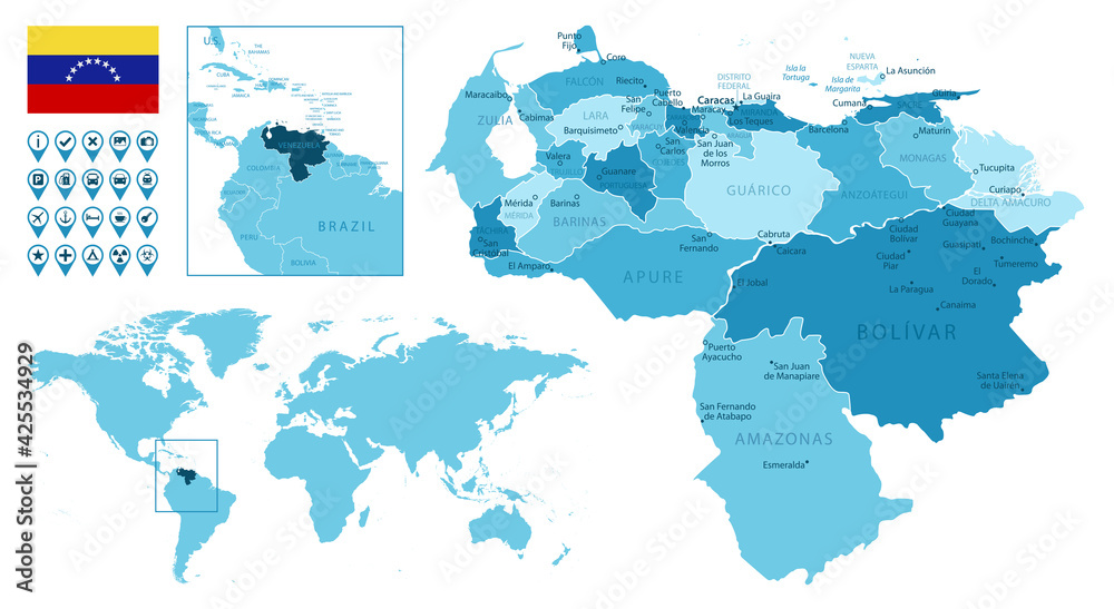 Fototapeta Wenezuela szczegółowa mapa administracyjna niebieski z flagą kraju i lokalizacją na mapie świata. Ilustracja wektorowa
