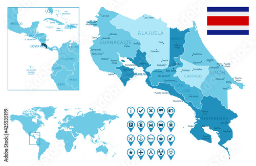 Costa Rica detailed administrative blue map with country flag and location on the world map. Vector illustration