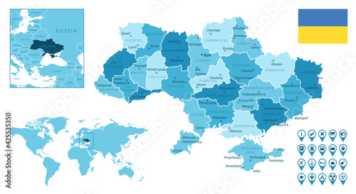 Ukraine detailed administrative blue map with country flag and location on the world map. Vector illustration