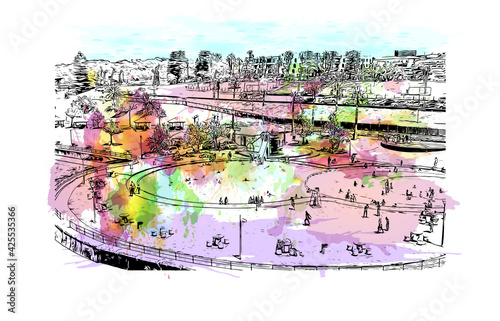 Building view with landmark of East London is the 
city in South Africa. Watercolour splash with hand drawn sketch illustration in vector.