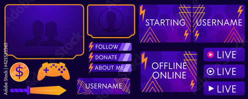 Overlay the game on a dark background. Modern Vector banner design. Template design. Buttons, frames for streaming and donating. Overlay game communicating with subscribers