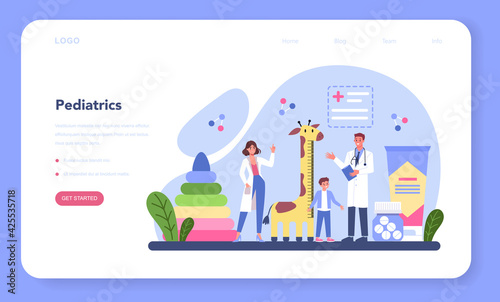 Pediatrician web banner or landing page. Doctor examining a child
