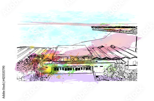 Building view with landmark of East London is the 
city in South Africa. Watercolour splash with hand drawn sketch illustration in vector.