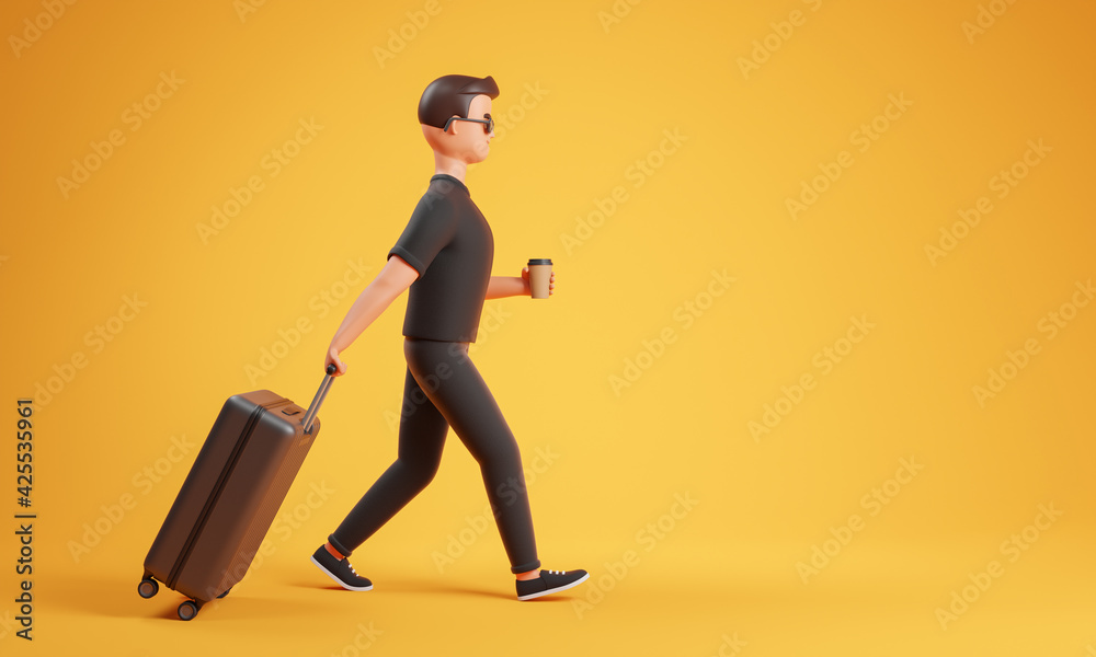 Cartoon character man in black clothes and sunglasses walk with suitcase and coffee cup over yellow background with copy space. Travel concept. Cartoon character man in black clothes and sunglasses walk with suitcase and coffee cup over yellow background with copy space. Travel concept.