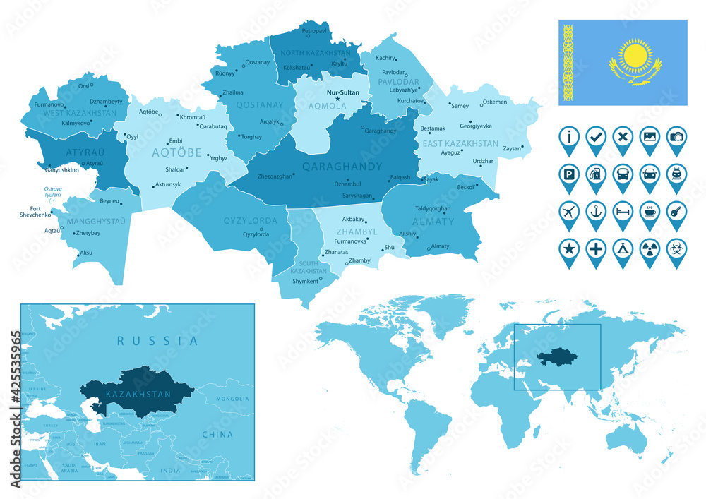 Naklejka Kazachstan szczegółowa mapa administracyjna niebieski z flagą kraju i lokalizacją na mapie świata. Ilustracja wektorowa