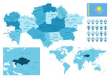 Kazakhstan detailed administrative blue map with country flag and location on the world map. Vector illustration