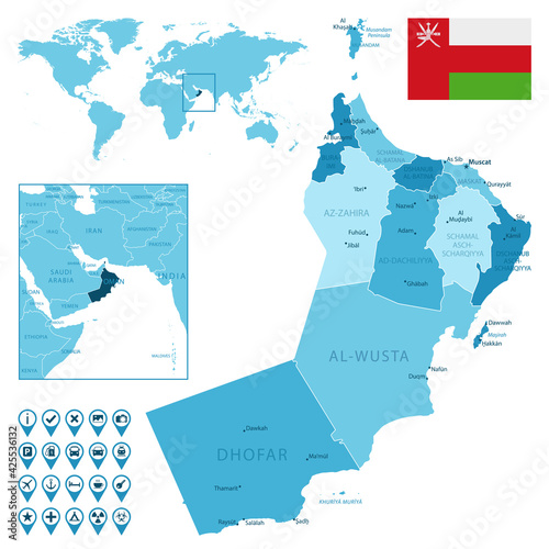 Oman detailed administrative blue map with country flag and location on the world map. Vector illustration