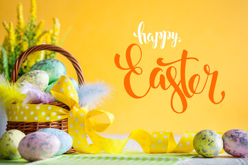 Happy Easter. Congratulatory easter background. Easter eggs and flowers. Selective focus. .Horizontal