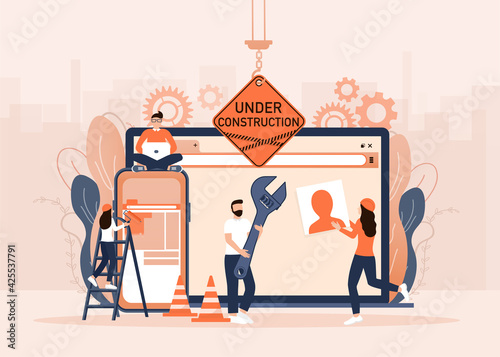 Flat under construction with people for web site design. Minimal design. Technology concept. Flat business template.