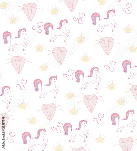 Seamless Pattern - unicorn, crown and diamonds