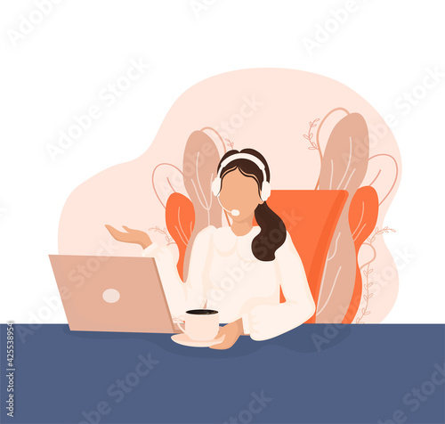 Live webcast in flat style with people. Listen to podcast. Flat illustration. Vector illustration.