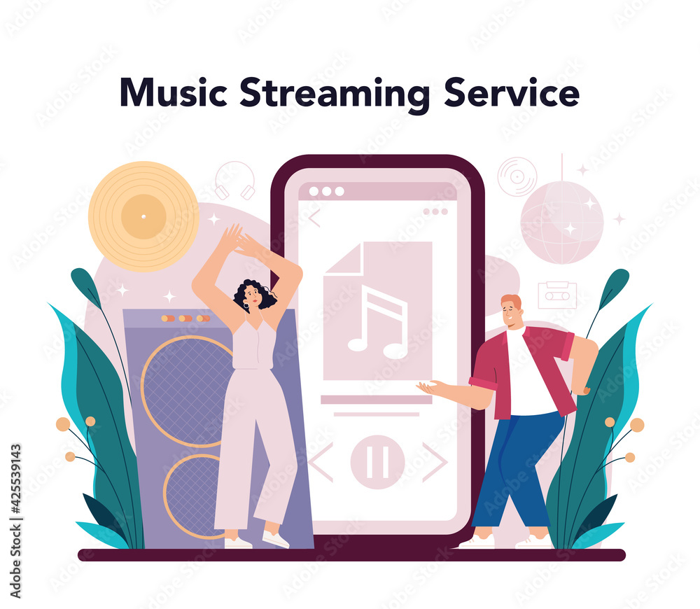 DJ online service or platform. Person standing at turntable mixer DJ online service or platform. Person standing at turntable mixer