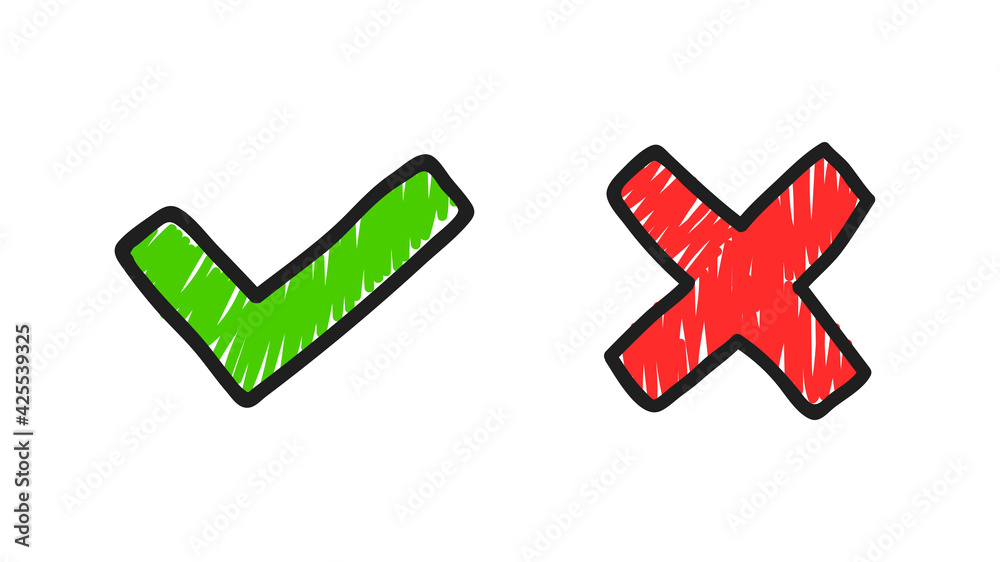 Hand drawn cross and check mark isolated on white background. Sign of agreement and disagreement. Concept of words Hand drawn cross and check mark isolated on white background. Sign of agreement and disagreement. Concept of words