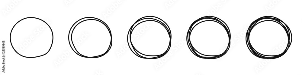 Set of hand drawn frames of circles isolated on white background. Doodle style. Design elements. Sketches of frames. Vector illustration Set of hand drawn frames of circles isolated on white background. Doodle style. Design elements. Sketches of frames. Vector illustration