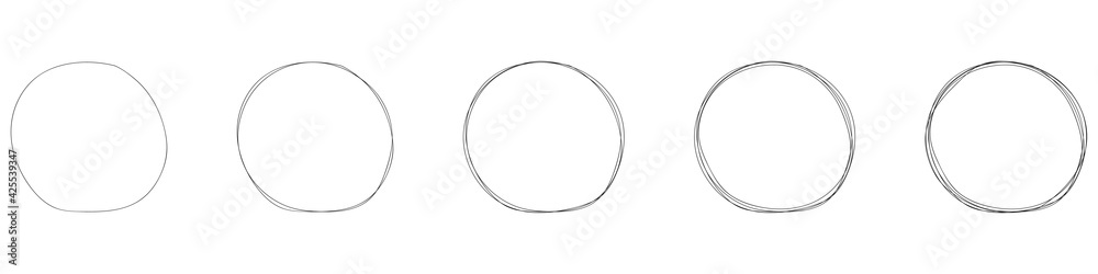 Set of hand drawn frames of circles isolated on white background. Doodle style. Design elements. Sketches of frames. Vector illustration Set of hand drawn frames of circles isolated on white background. Doodle style. Design elements. Sketches of frames. Vector illustration