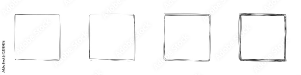 Set of hand drawn frames of squares isolated on white background. Doodle style. Design elements. Frame sketches. Vector illustration