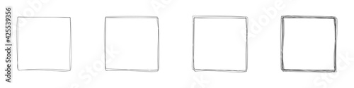 Set of hand drawn frames of squares isolated on white background. Doodle style. Design elements. Frame sketches. Vector illustration