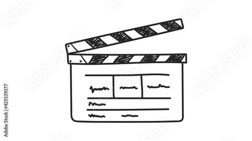 Clapperboard hand-drawn isolated on white background. Conomography concept. Template for director's directive, production. Doodle style. Vector illustration