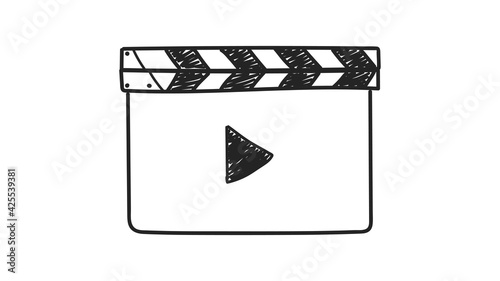 Clapperboard hand-drawn isolated on white background. Conomography concept. Template for director's directive, production. Doodle style. Vector illustration