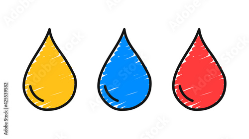 A set of hand-drawn drops in different colors. Fluid concept. Vector illustration