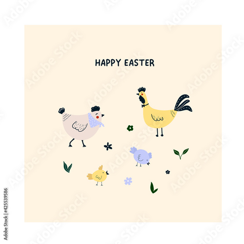 Cute hand drawn chicken, rooster, chick on meadow with leaves, flowers. Cozy hygge scandinavian happy Easter template for postcard, card, t shirt design. Vector illustration in flat cartoon style
